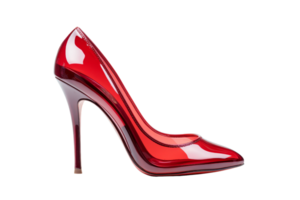 A red high heel shoe with a red sole. The shoe is made of clear plastic and has a red stripe png