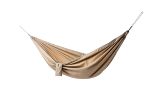 A tan and white striped hammock is suspended in the air. The hammock is made of a material that is light and airy, and it is suspended from a rope. The hammock is a symbol of relaxation and leisure png