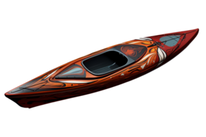A red and black kayak with a black seat. The kayak is designed to be used for recreational purposes png