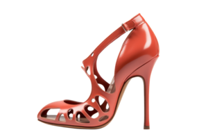 A red high heel with a lace up strap. The shoe is open at the top and has a lace up strap png