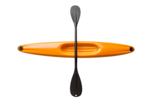 Top view of an orange kayak with a black paddle isolated on a transparent background. perfect for water adventure and sports themes. png