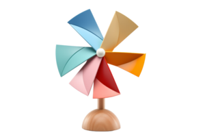 Colorful toy pinwheel captured in front view. Wooden base and vibrant multicolored blades create a playful and charming aesthetic. png