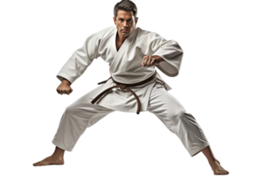 A man in a white uniform is in a martial arts pose. The pose is powerful and confident, conveying a sense of strength and determination png