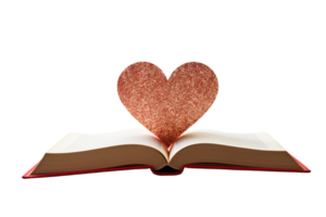 A book is open to a page with a heart on it. The heart is made of glitter and is placed on the page png