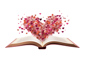 A book with a heart on the cover and many hearts scattered around it. The heart is open, and the pages are spread out. Concept of love and warmth, as if the book is a symbol of affection and care png
