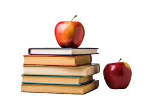 A stack of books with an apple on top. The apple is red and green. The books are stacked on top of each other png