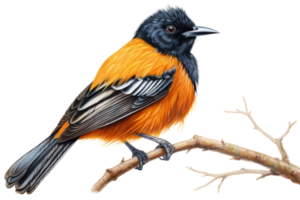A bird with orange and black feathers is perched on a branch. The bird appears to be looking to its left png