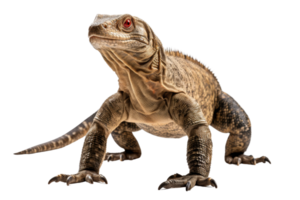 Close-up image of a brown iguana. The reptile is captured in great detail, showcasing its textured skin and sharp claws against a transparent background. png