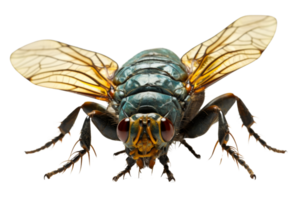 Close-up macro shot of a common housefly with detailed wings and body against a transparent background. showcasing its intricate features. png