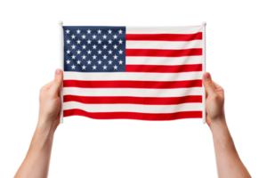 A person is holding a red, white, and blue American flag. The flag is waving in the air, and the person is holding it up to show it off. The flag represents the United States and its values png