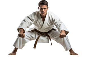 A man in a white uniform is posing for a picture. He is wearing a belt and has his hands on his hips. Concept of strength and determination png