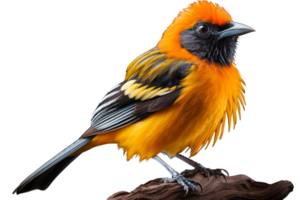 A bird with a black beak and orange feathers is perched on a branch. The bird is looking to the right png