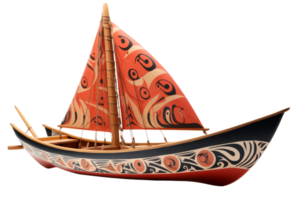 een klein boot met een rood zeil en zwart trimmen. de boot is geschilderd met een veel van detail en heeft een uniek ontwerp png