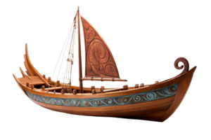 A wooden boat with a sail and a blue and green design. The boat is small and has a unique design png