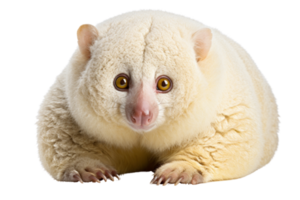 Close-up of a fluffy white possum with adorable round eyes, isolated on transparent background. png