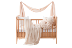 A wooden crib with a white canopy and a white blanket draped over it. The crib is empty and the blanket is covering the entire bed png