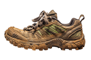 A dirty, muddy shoe with a green stripe png