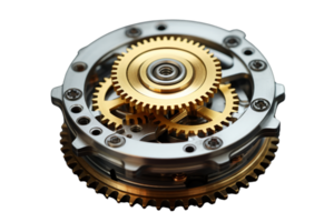 A close up of a clock's inner workings. The gears are gold and silver. Concept of precision and complexity png