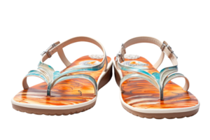 Two flip flops with a colorful design on them. The design is of a wave and the colors are orange and blue png