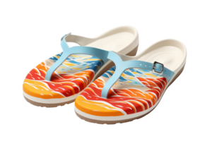 A pair of flip flops with a colorful design on them. The design features a wave pattern with a splash of red, yellow, and blue. The flip flops are made of a soft, comfortable material png