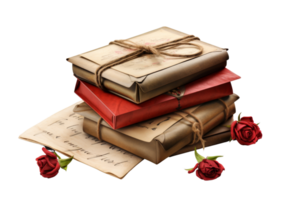 A stack of books with a red rose on top. The books are old and have a vintage feel. The red rose adds a touch of romance and elegance to the scene png