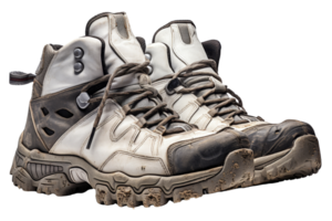 Two dirty hiking boots with laces. The boots are worn and dirty, but still functional. Concept of adventure and exploration png