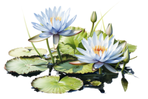 Two blue flowers are floating on a pond. The flowers are surrounded by green leaves and the water is calm. Concept of tranquility and serenity png