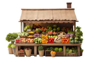 A colorful market with a variety of fruits and vegetables. The market is set up in a small wooden building with a roof. The produce is displayed in baskets and crates png