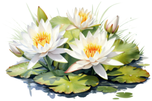 A group of white flowers with yellow centers are arranged in a vase. The flowers are surrounded by green leaves and grass, creating a peaceful and serene atmosphere. Concept of calm and tranquility png