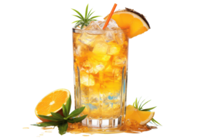 A glass of tea with a straw and a slice of orange on top png