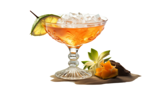 A glass of a drink with a lime slice and ice cubes in it png
