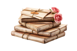 A stack of old books with a rose on top. The books are tied together with a string png
