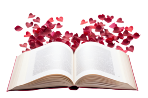 A book is open to a page with a heart on it. The page is filled with red petals, creating a romantic and whimsical atmosphere png