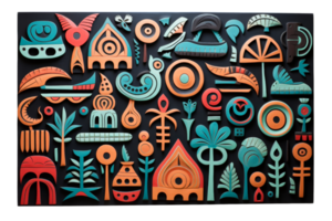 A colorful abstract painting with many different shapes and patterns. The painting is made of wood and has a lot of detail. The mood of the painting is lively and energetic, with a sense of movement png