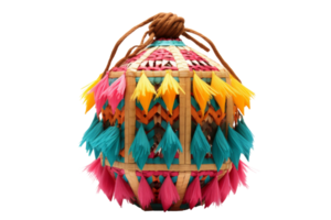 A colorful, multi-colored, and intricately designed object with a rope around it. The object is made of wood and has a tasseled design png