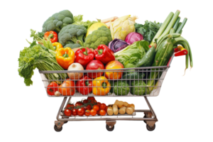 A shopping cart full of vegetables and fruits. The cart is full of a variety of vegetables and fruits, including broccoli, tomatoes, peppers, and carrots. Concept of abundance and freshness png