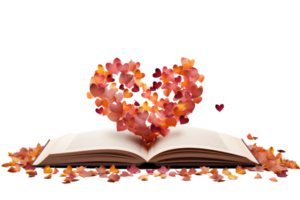 A book with a heart on the cover and a lot of leaves scattered around it. The leaves are orange and red, and they seem to be falling from the book png
