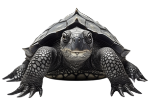 A turtle is facing the camera with its mouth open. The turtle is black and white png