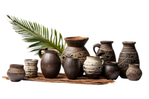A collection of vases and pots are arranged on a table with a leafy green plant in the background. The vases and pots come in various shapes and sizes, and they appear to be made of clay png