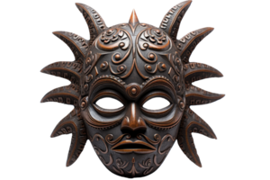 A large, ornate mask with a sunburst design on the forehead. The mask is made of wood and has a gold finish png