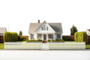 A white house with a white picket fence in front of it. The house is well-maintained and has a welcoming appearance png