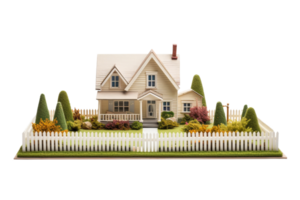 A white house with a white picket fence and a green bush in front of it. The house is surrounded by a lawn and a garden png