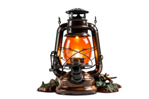 A lantern with a light inside of it. The lantern is sitting on a wooden base png