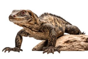 A lizard is laying on a rock. The lizard is brown and black with a white stripe down its back png