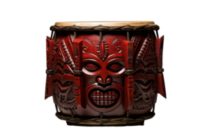 A red and brown drum with a face on it. The drum is carved out of wood and has a smiling mouth png