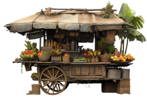 A wooden cart with a canopy and a bunch of fruits and vegetables. The cart is old and has a rustic feel to it png