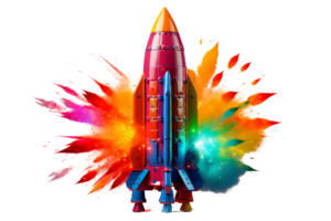 A colorful rocket is exploding in a burst of color. The explosion is so powerful that it creates a rainbow of colors in the sky. The rocket is the center of attention png