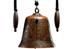 A large, ornate bell hanging from a chain. The bell is brown and has a design on it png