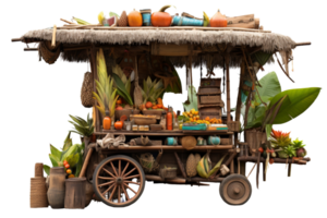A colorful cart filled with fruits and vegetables. The cart is old and has a rustic look to it png