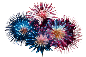 A fireworks display with four fireworks in the foreground and three in the background. The fireworks are in the colors red, blue, and white png
